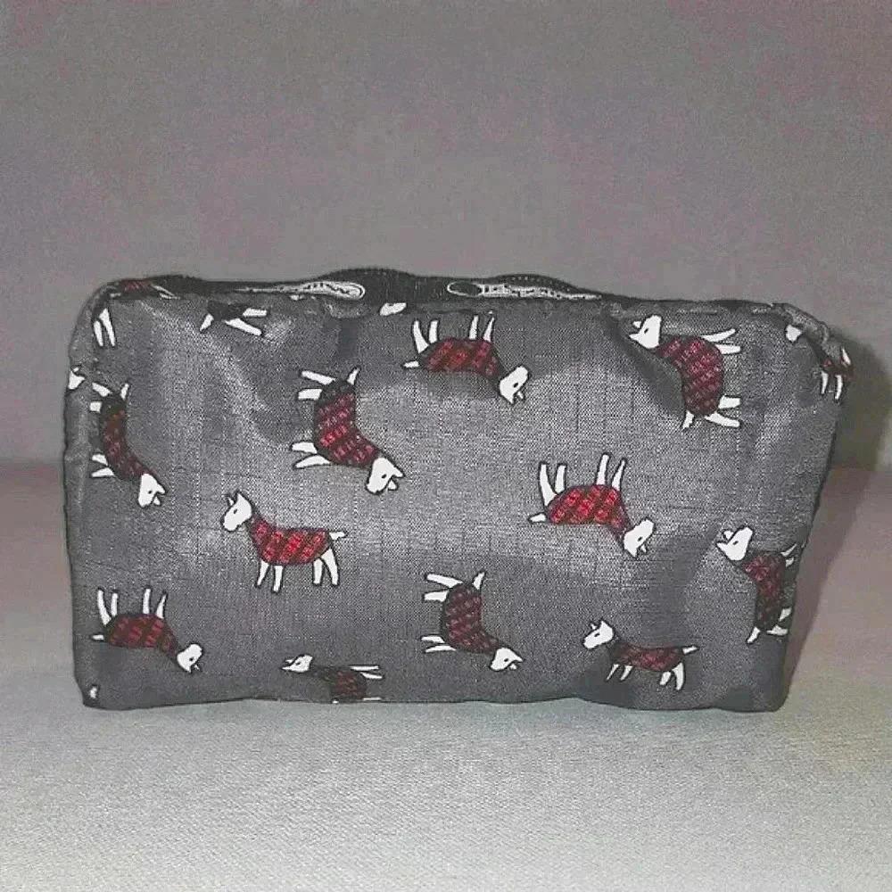 LeSportSac Lamb Black & Red Patterned Zipper Cosmetic Travel Bag 6.5 X 4 X 2"